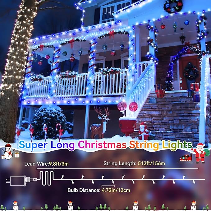 Heceltt Christmas Lights Outdoor 522FT 1300 LED String Lights with 8 Lighting Modes Timer Memory Twinkle Fairy Lights Waterproof Plug in for Xmas Tree Wedding Party Holiday Decor(Blue and White)