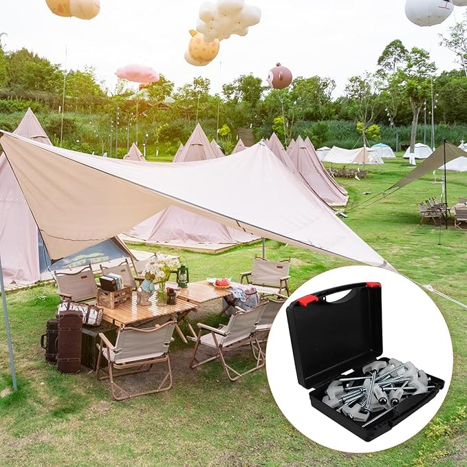 NOLITOY Screw-in Tent Stakes Heavy Duty Carbon Steel Spiral Ground Anchors 13mm Head Camping Pegs Set with Puller Sleeve and Plastic Box for Outdoor Canopy and Tent Use (20 Pieces White)
