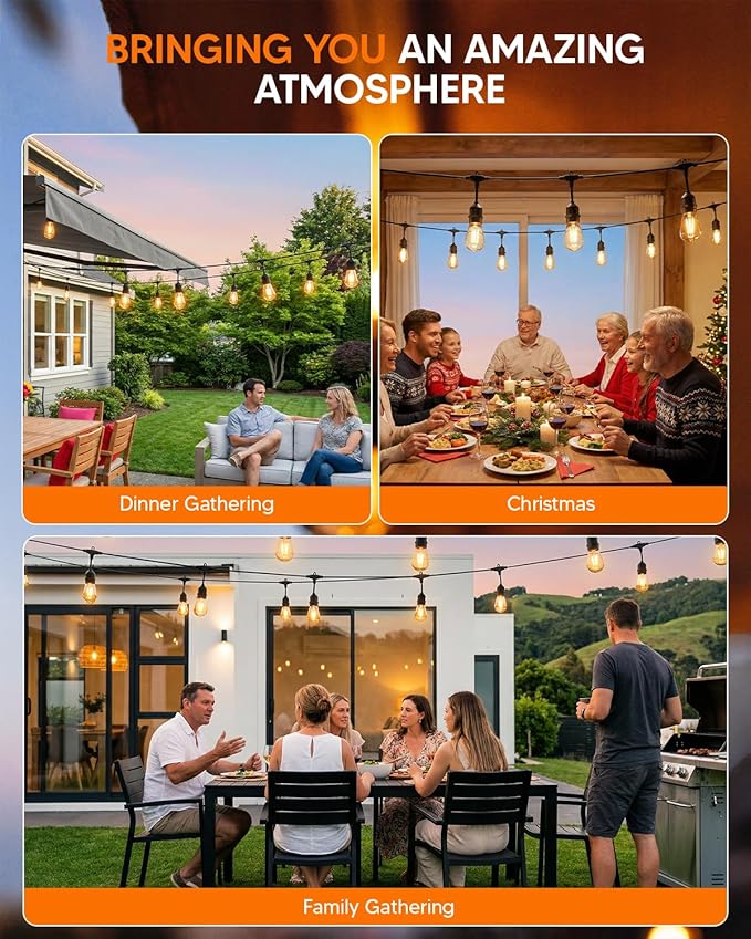 50FT S14 Outdoor String Lights 32+2 Shatterproof Bulbs 2W 1.5FT Spacing IP65 Waterproof| Dimmable with Remote Heavy-Duty Include Screw &amp Zip Ties for Patio Backyard Holiday Outside