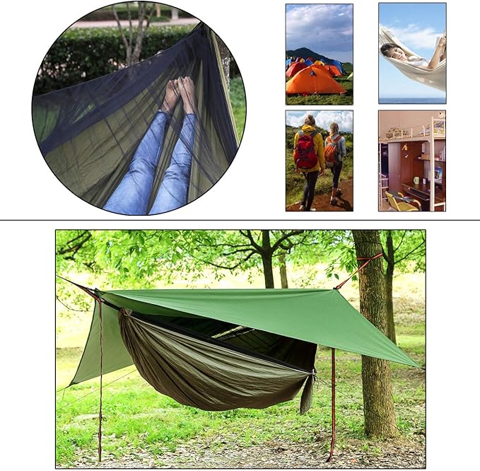 YCD Portable Camping Hammock SetSingle Double HammockInsect-Proof netRain Fly Tarphigh-Strength Parachute Cloth HammockBackpack Hiking Courtyard Outdoor Activities.