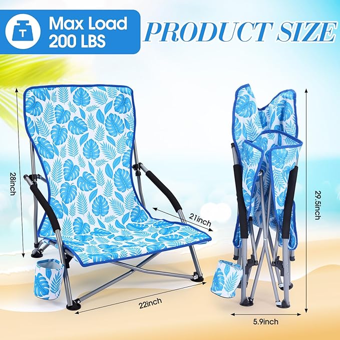 Karenhi 2 Pack Beach Chair Foldable Reclining Portable Lightweight Chair for Adults Camping Concert Lawn Sand Outdoor (Blue Leaves)