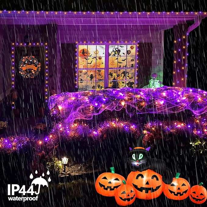 QITONG 165ft 500 LED Orange and Purple Halloween Lights Outdoor Waterproof String Lights for Outside with 8 Modes Green Wire Twinkle Lights Plug in Indoor