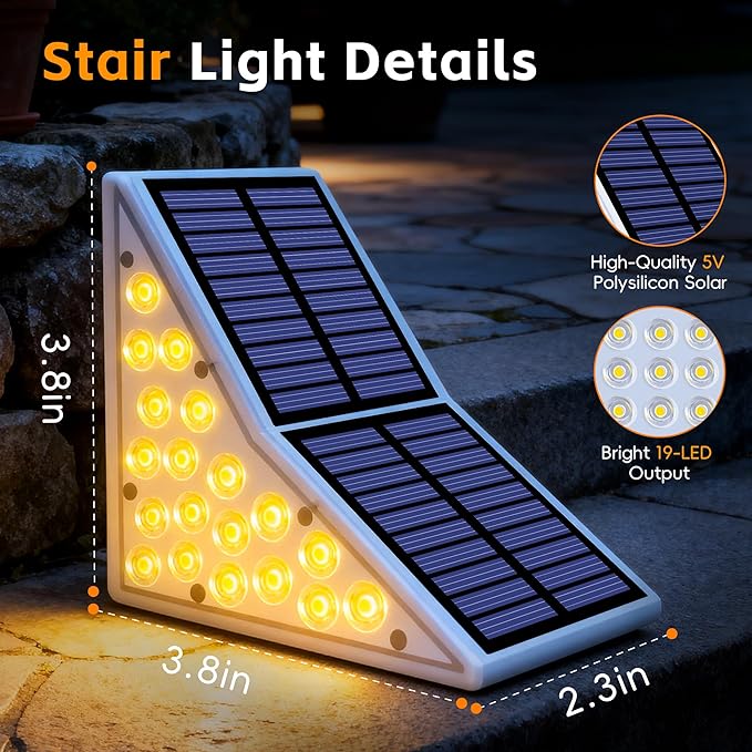 Solar Stair Lights Outdoor Waterproof IP65 Solar Outdoor Lighting 1200mAh19 LEDOutdoor Step Lightsfor Garden Stairs Decks Front Steps Porch and Terrace3000k Decorative Art(6Pack)
