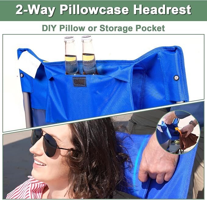 Romswi High Back Beach Chair Compact Lightweight Low Seat Camping Chair Fits in Suitcase 400lbs Heavy Duty Oversized Backpack Chair with Cup Holder &amp Storage Bag Blue