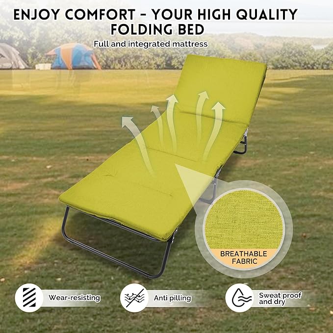 Camping Cot Outdoor Folding Cot Bed with Pad and Pillow for Adults Heavy Duty Sleeping Cot Portable Camp Cots for Camping Tent Travel Office 1200 D Layer Oxford Travel Camp Cots (Green)