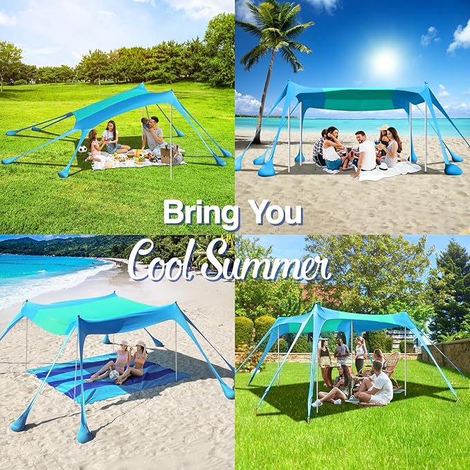 Rhino Valley Beach Tent Shade Canopy UPF50+ Protection 8 Sandbags 4 Stability Poles Outdoor Sun Shelter Umbrella for Sand Camping Fishing Essentials