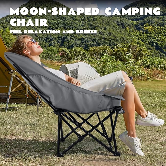 LEMBERI Oversized Heavy Duty Camping Chair for Adults500lbs Comfortable Folding Lawn Chairs Large Outdoor Portable Chair with Cup Holder Side Pocket and Cooler Bag Gray
