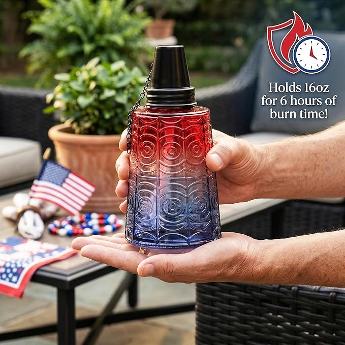Seraphic Citronella Table Top Torches for Outdoor Patio 16oz Decorative Glass Torch Citronella Candles for Outside Deck Garden Parties Set of 3 Red/White/Blue