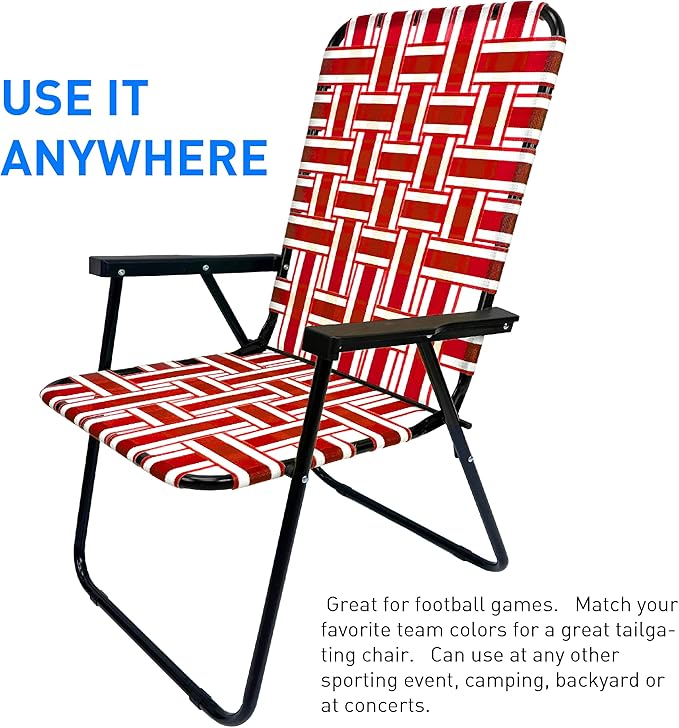 Lawn Chair Folding Steel Webbing Chaise Patio Lounger Seat Wood Handles Great for Camping Beach Fishing Backyard Stadium Pool Boating and Sports 2 Pack Red