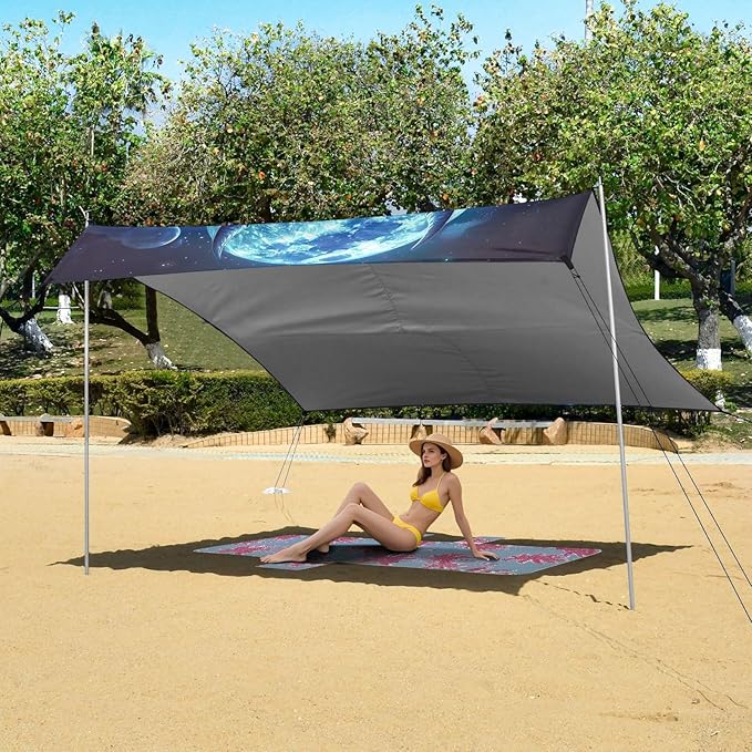 Blue Dragon Beach Tent Sun Shelter 9.2' x 10.5' Beach Canopy with 4 Sandbags 4 Stability Poles Sand Shovels - Tent Canopy for Beach Camping Fishing Picnics