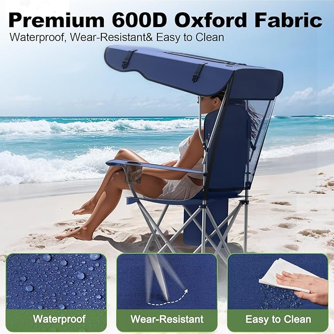Portable Camping Chair with Canopy - Folding Chair with Canopy Durable 600D Oxford Canopy Chair for Camping Beach Picnics Fishing &amp Sports