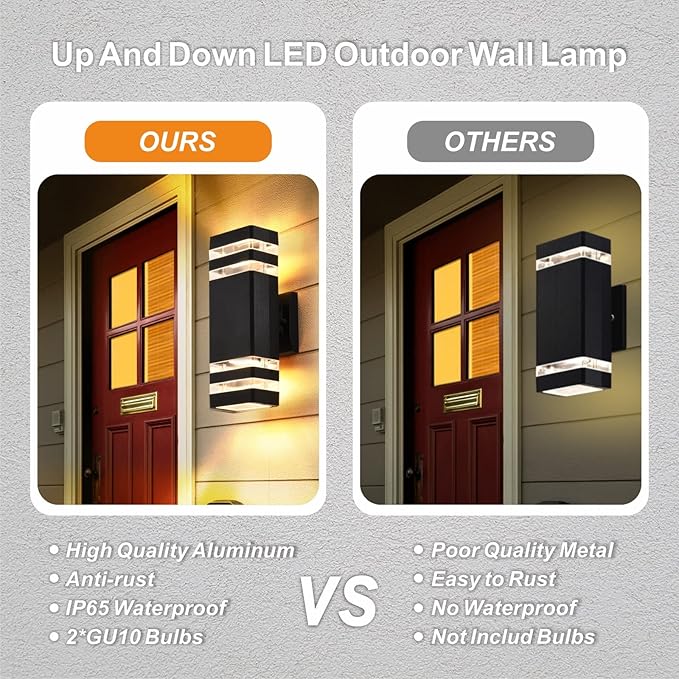 DASTOR 2 Pack Outdoor Wall Lights Up and Down Porch Lights Outdoor Wall Mount Light Fixture Aluminum Waterproof Exterior Lights for House Porch Garage