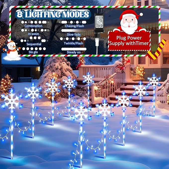 10 Pcs Christmas Snowflake Pathway Stake Lights for Outdoor Yard 370 Bright LEDs Waterproof Large Christmas Snowflake Light Decoration for Garden Lawn Driveway Walkway Decor (Blue White)