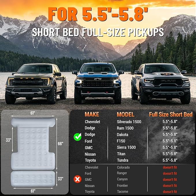 F150 Truck Bed Mattress 5.5-5.8ft for Full-Size Pickup Fabric Texture Truck Bed Air Mattress with Tailgate Extender Customized for F150/Silverado/Ram1500 with Detachable Air Pump Truck Bed Camping