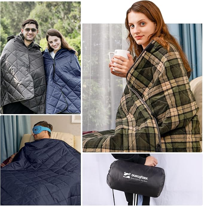 DUKUSEEK Waterproof Camping Blanket with Super Thick Fleece Lining Large Outdoor Blanket Windproof with Foldable Hood for Camping Stadium Sporting Events79x 58