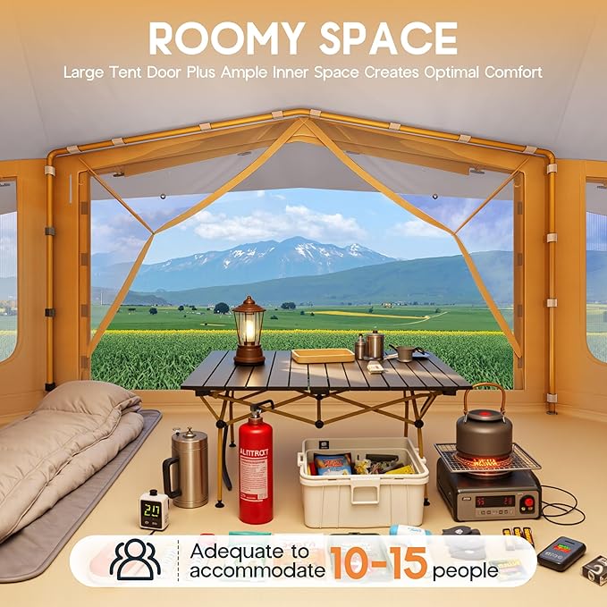 SPECRAFT Canvas Bell Yurt Tents &amp Inflatable Tent for Camping Waterproof Glamping Tent with Stove Jack Breathable Mesh Snowproofing Spacious 4-Season Family Shelter for Outdoor Camping Partie