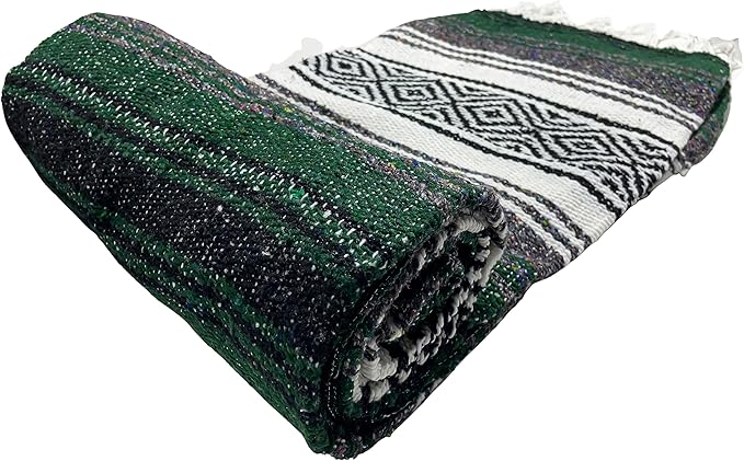 Genuine Oversized Artisan Mexican Falsa Hunter Green Blanket (72inx48in) -Authentic Handcrafted Yoga Blanket Beach Throw Camping Essential Picnic Mat or Outdoor Wrap