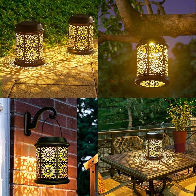 DenicMic Solar Lantern Outdoor Solar Lights Outdoor Hanging Lantern with Handle &amp Hook Waterproof 25 Lumen Warm White LED Metal Decorative for Garden Patio PorchYard Walkway1Pack (Black)