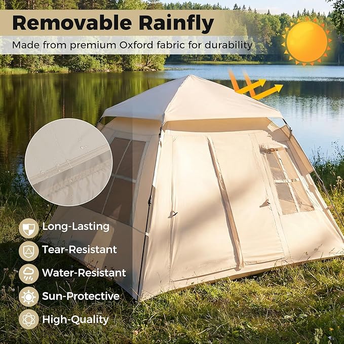 Tangkula 4 Person Camping Tent Instant Pop-Up Cabin Tent with Removable Rainfly Mesh Windows &amp Dual Doors Carrying Bag Portable Outdoor Family Shelter for Picnic Backpacking Traveling