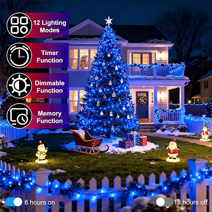 1500 LED 470FT Christmas String Lights Outdoor 12 Pro Modes and Timer Memory &amp Brightness Plug in Waterproof Clear Wire Twinkle Light for for Xmas Yard Tree Wedding Party Decor (Blue)
