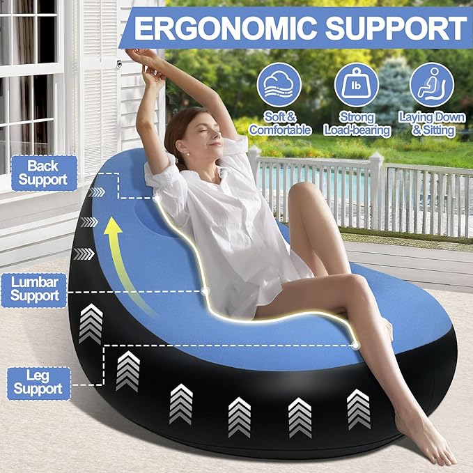 Inflatable Chair with Ottoman Inflatable Couch for Adults with Flocked Surface Comfortable Blow Up Air Chair Waterproof Portable Air Sofa Inflatable Couch for Camping(Blue) (Without Pump)