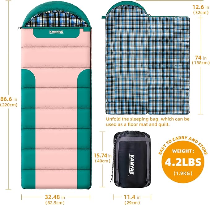 Cotton Flannel Lined Sleeping Bag for Adults Teens Kids Cold Weather &ampWarm 3 Seasons Lightweight Compact Camping Essentials Equipment Hiking Outdoor Travel