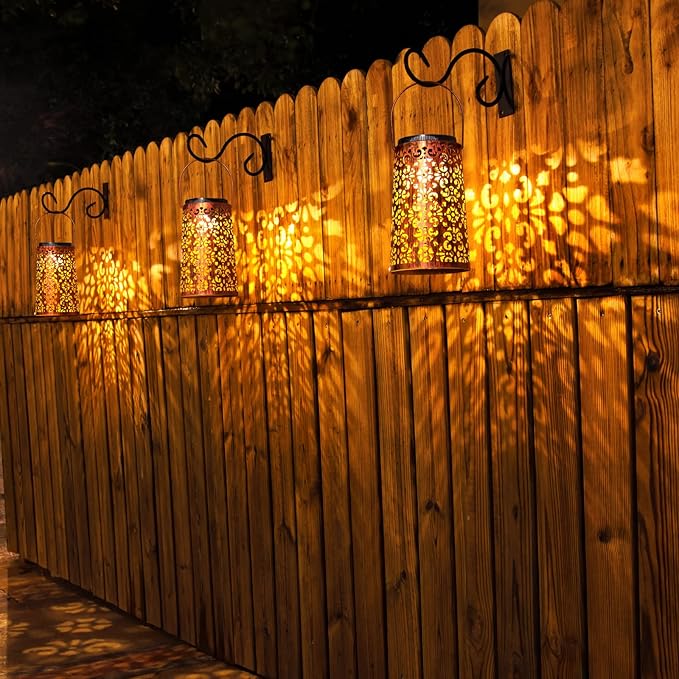 4 Pack Solar Hanging Lanterns Outdoor 2 Modes Adjustable White &amp Warm Light Auto On/Off Metal Waterproof Solar Lights for Patio Garden Wall &amp Tabletop Decor