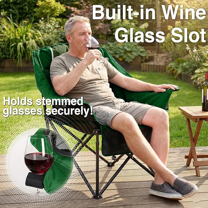 Oversized Camping Chair for Adults - Heavy Duty 400 lbs Padded Folding Chair with Wine Glass Holder 2 Cup Holders &amp Side Pockets Portable Carry Bag for RV Tailgating Lawn
