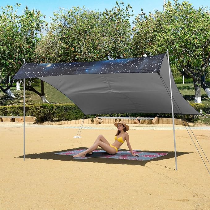 Galaxy Pattern Beach Tent Sun Shelter 9.2' x 10.5' Beach Canopy with 4 Sandbags 4 Stability Poles Sand Shovels - Tent Canopy for Beach Camping Fishing Picnics