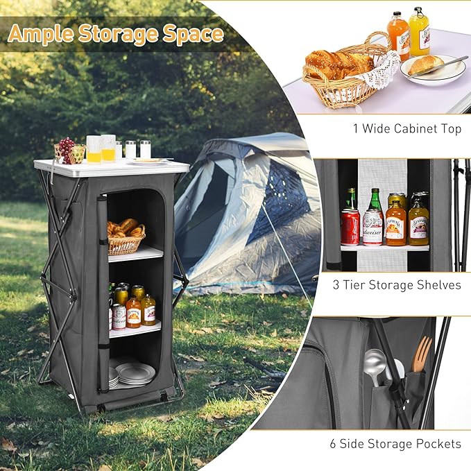 Goplus Folding Camping Storage Cabinet Pop Up Outdoor Camping Kitchen Station with Large 3-Tier Storage Organizer Carry Bag Easy Set Up Portable Compact Camping Table for BBQ Picnic Backyard (47'')
