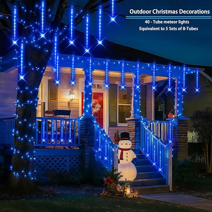Blue Christmas Icicle Lights Outdoor: 40 Tube(Equivalent to 5 Sets of 8-Tubes) Meteor Shower Rain Lights - Waterproof Christmas Halloween Decorations for Yard Outside Tree Roof UL Plug