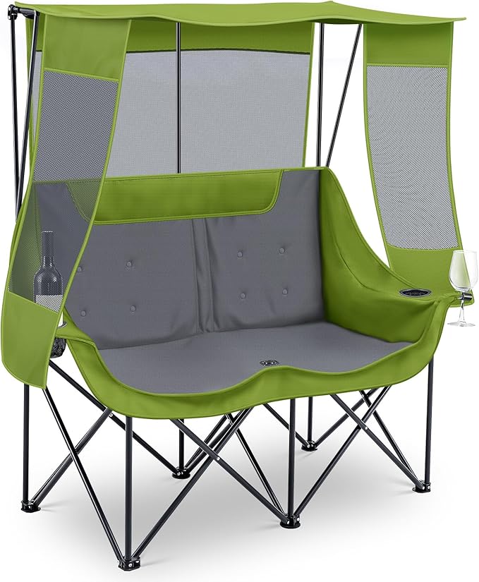 Double Camping Chair with Canopy Shade 660lbs Heavy Duty Beach Chair Portable Folding 2 Person Camping Loveseat with Cup Holder and Storage Bag for Lawn Beach Outdoor Sport(Geen and Grey)