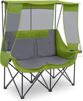 Double Camping Chair with Canopy Shade 660lbs Heavy Duty Beach Chair Portable Folding 2 Person Camping Loveseat with Cup Holder and Storage Bag for Lawn Beach Outdoor Sport(Geen and Grey)