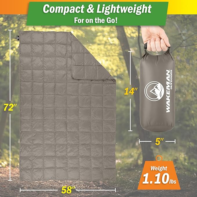 Down Camping Blanket Packable 78x52” Ultralight Compact Travel Blanket with Bag - Puffy Wearable Sleeping Gear for Camp Hiking Backpacking Stadium Festivals or Beach by Wakeman Outdoors (Gray)