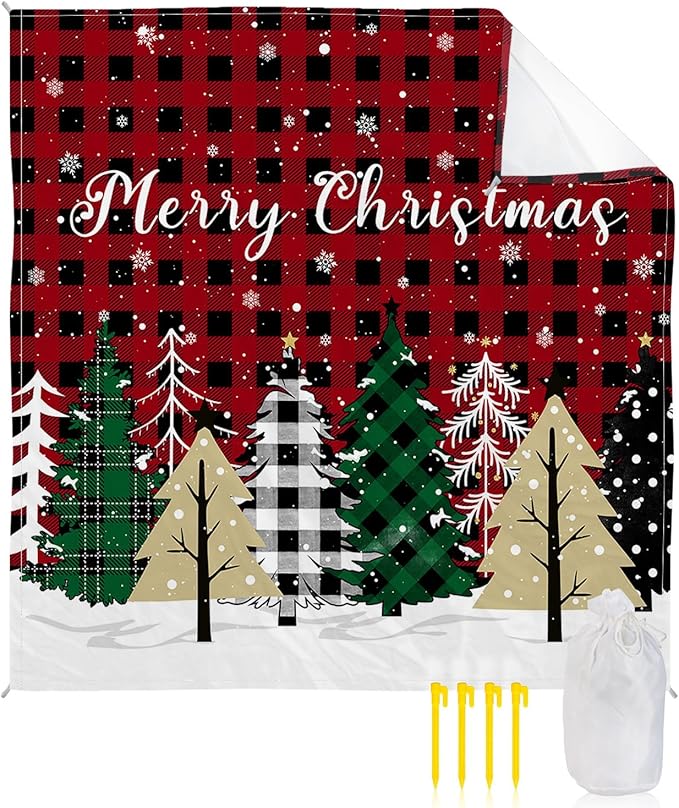 Beach Blanket Waterproof Sandproof Christmas Tree Red Black Buffalo Plaid Quick Drying Beach Mat with 4 Stakes Winter Snowflake Seamless Lightweight Picnic Blanket for Travel Camping 83x79