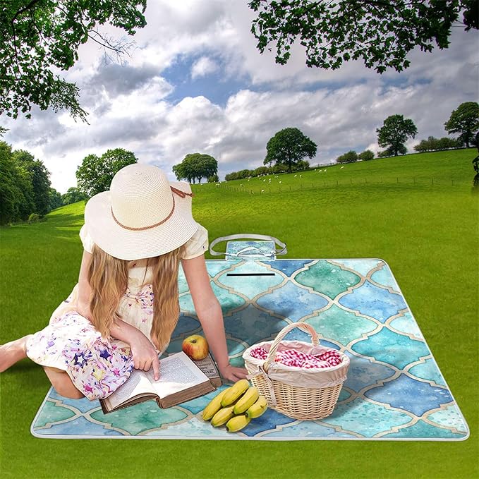 MNSRUU Picnic Blanket Waterproof Foldable Green and Blue Moroccan Large Outdoor Picnic Beach Camping Blanket Travel Mat Shoulder Strap Tote Rectangle 57x59in