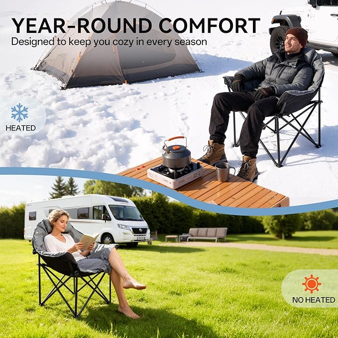 Oversized Heated Camping Chair Folding Heated Outdoor Chair with Back &amp Seat Heating Heavy Duty Support 400 lbs Portable Heated Camp Chair for PatioTailgating Picnic Battery NOT Included Gr