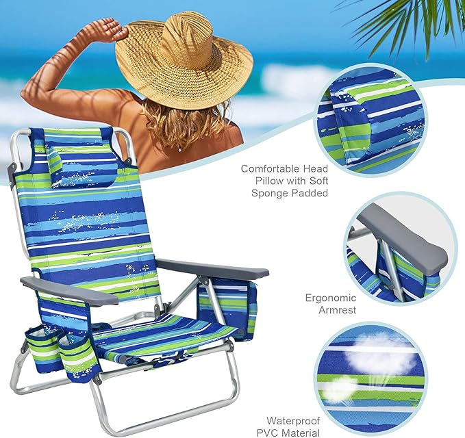 COSTWAY Backpack Beach Chairs Set 3-Piece Portable Camping Chairs with Cup Holder Ice Bag 5-Position Outdoor Reclining Chairs for Adults Travel Sunbathing Support 300 LBSBlue &amp Green