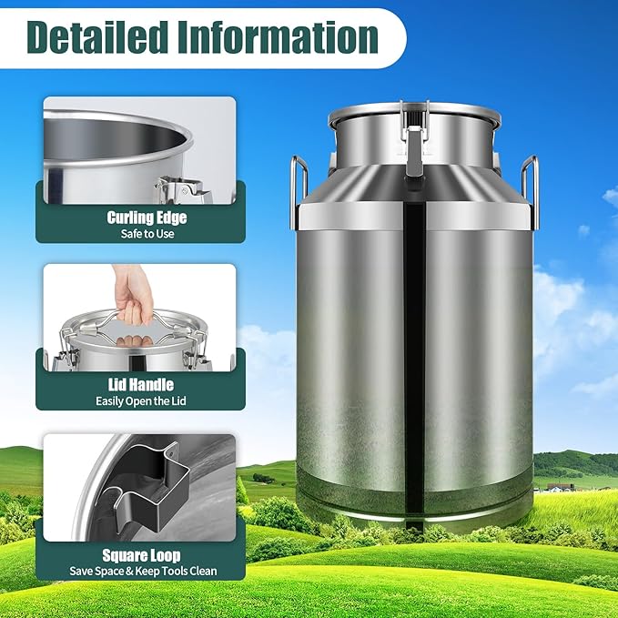 Stainless Steel Milk Can 60L/15.85Gal Metal Airtight Canister Food Storage Container with Lid &amp Clamps Bean Rice Cereal Storage Bucket for Kitchen Restaurant W14.8*H24.6in
