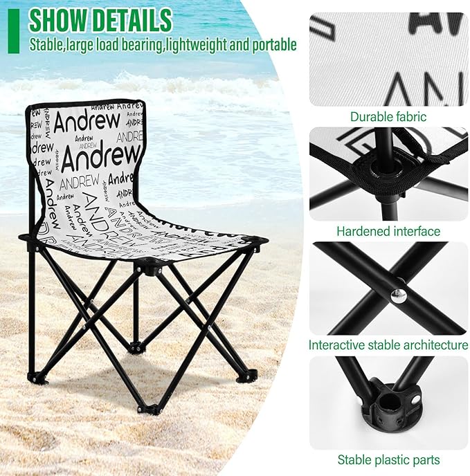 Sinestour White Custom Folding Camping Chair for Teen Child Personalized Name 14.6×14.6in Portable Outdoor Chair with Carry Bag for Picnic Barbeques Beach