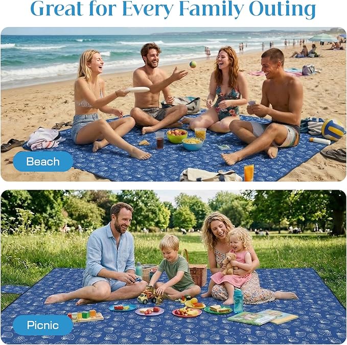 OIGAE Family Beach Blanket 7×8 ft Sand-Free Picnic Mat for 1–4 People Quick-Dry Lightweight Outdoor Blanket with Stakes &amp Corner Pockets Shell Blue