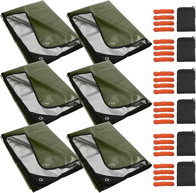 RedSwing 6 Pack Heavy Duty Waterproof Emergency Thermal Tarp Insulated Survival Blanket for Outdoor Camping Hiking and Emergency Shelter Green