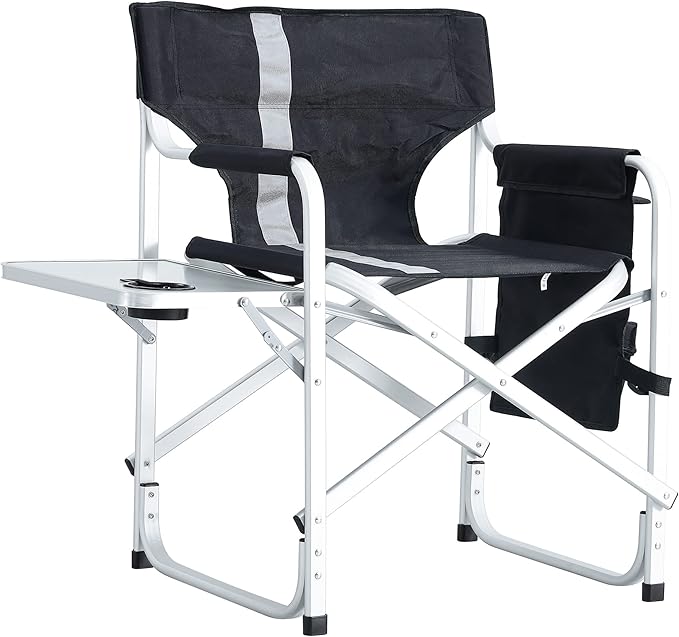 1 Pcs Padded Folding Outdoor Chair with Side Table and Storage PocketsLightweight Oversized Directors Chair for Indoor Outdoor Camping Picnics and FishingBlackGrey