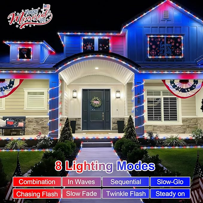 QITONG Red White Blue Solar Rope Lights 2 Pack Each 33ft 100 LED 4th of July String Lights 8 Modes Fairy Lights in Clear Thin Tube for Patriotic Independence Memorial Day Decor