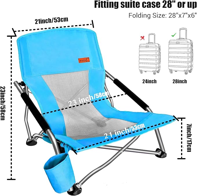 Nice C Low Beach Chair Beach Chairs for Adults 2 Pack Sling Folding Portable Concert Kids Boat Sand Chair with Cup Holder &amp Carry Bag (2 Pack of Blue)