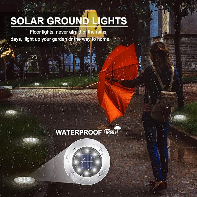 LYHOPE Solar Ground Lights Outdoor 16 Pack 8 LED Solar Disk Lights Waterproof Garden In-ground Pathway Light Landscape Lighting for LawnYardDeckPatioWalkway (White)