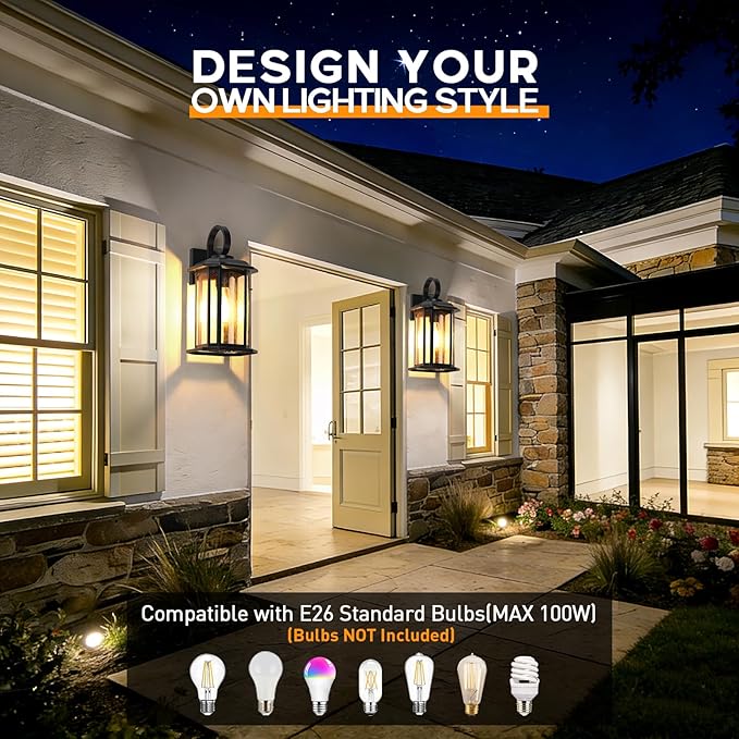 16.8'' Large Dusk to Dawn Outdoor Wall Lights Black Exterior Lighting Fixtures Wall Sconce with Seeded Glass Waterproof Front Porch Light Outside Wall Lantern for House Patio Garage 1Pack