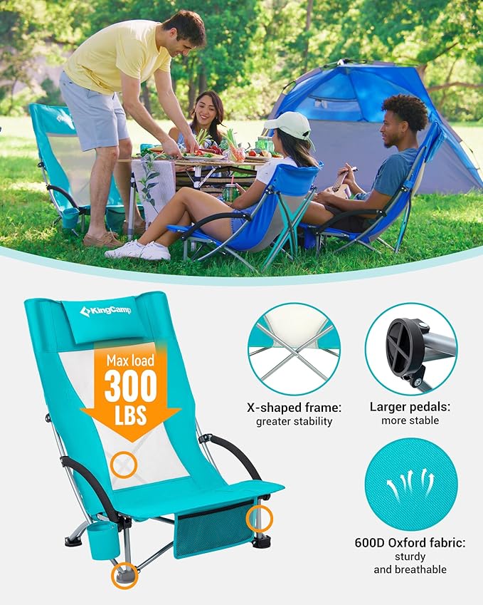 KingCamp Low Beach Chair High Back Folding Camping Chair for Adults Oversized Breathable Mesh Seat 300lbs Heavy Duty Portable Chair with Cup Holder &amp Storage Pockets for Beach Outdoor