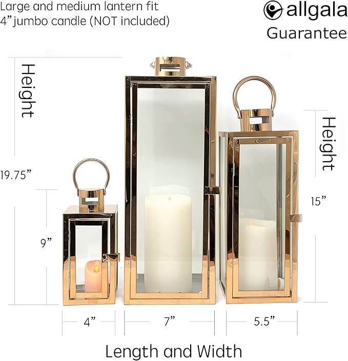 Allgala 3-PC Lantern Set 23 Inch Jumbo Deluxe Modern Indoor/Outdoor Candle Lantern Set Stainless Steel Frame Tempered Glass Rectangular Rose Gold for Garden Poolside Fireplace Wedding