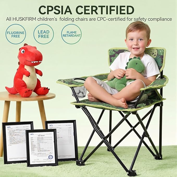 Padded Kids Camping Chair Folding Toddler Chair with Cup Holder &amp Safety Lock Portable Kids Beach Chair Ages 3-6 for Outdoor Camping Foldable Kids Chair Support 120lbsGreen Dinosaur